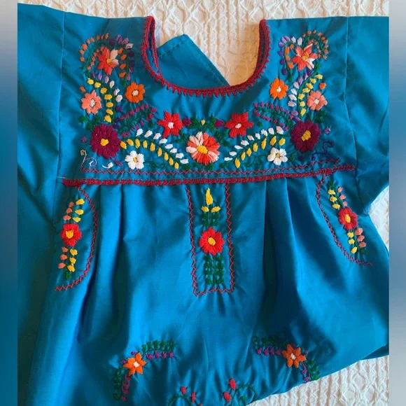 Embroidered Blue Kids Casual Dress - Picture 2 of 16